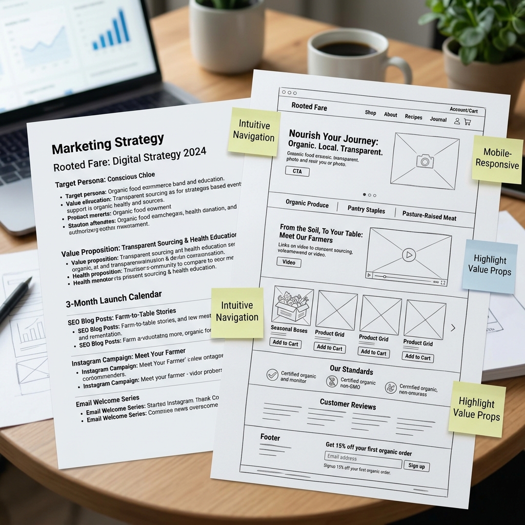 Digital marketing strategy and wireframing for an organic food website