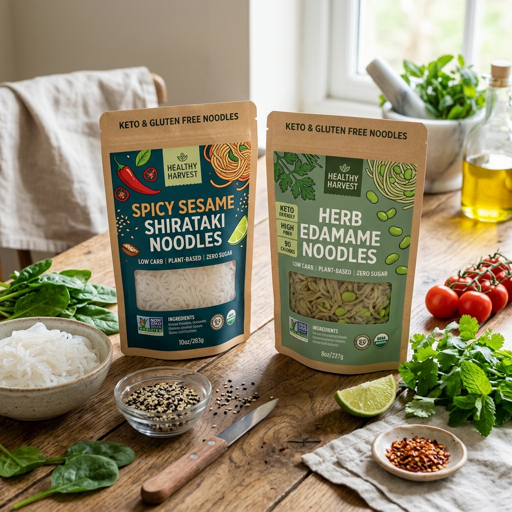 Modern packaging design mockup for keto noodles and natural organic food
